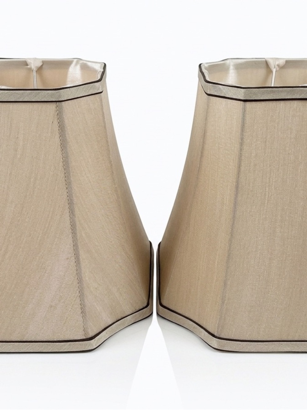 Pair of Elegant Beige Hexagonal Fabric Lamp Shades with Dark Trim